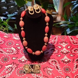 Elegant Red  And Rust Beaded Necklace and Earring Set,necklace And 2 Earring Set